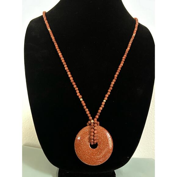 Handmade Orange Goldstone Necklace, 15.5in, Goldtone Accents and a Crystal Donut - Picture 1 of 8